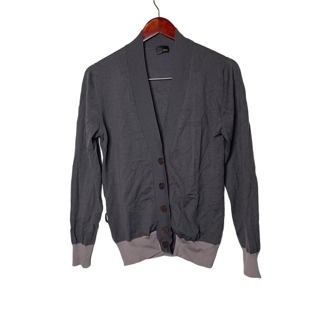 Fendi Long Sleeve V Neck Merino Wool Cardigan Sweater Gray IT 44 US 8